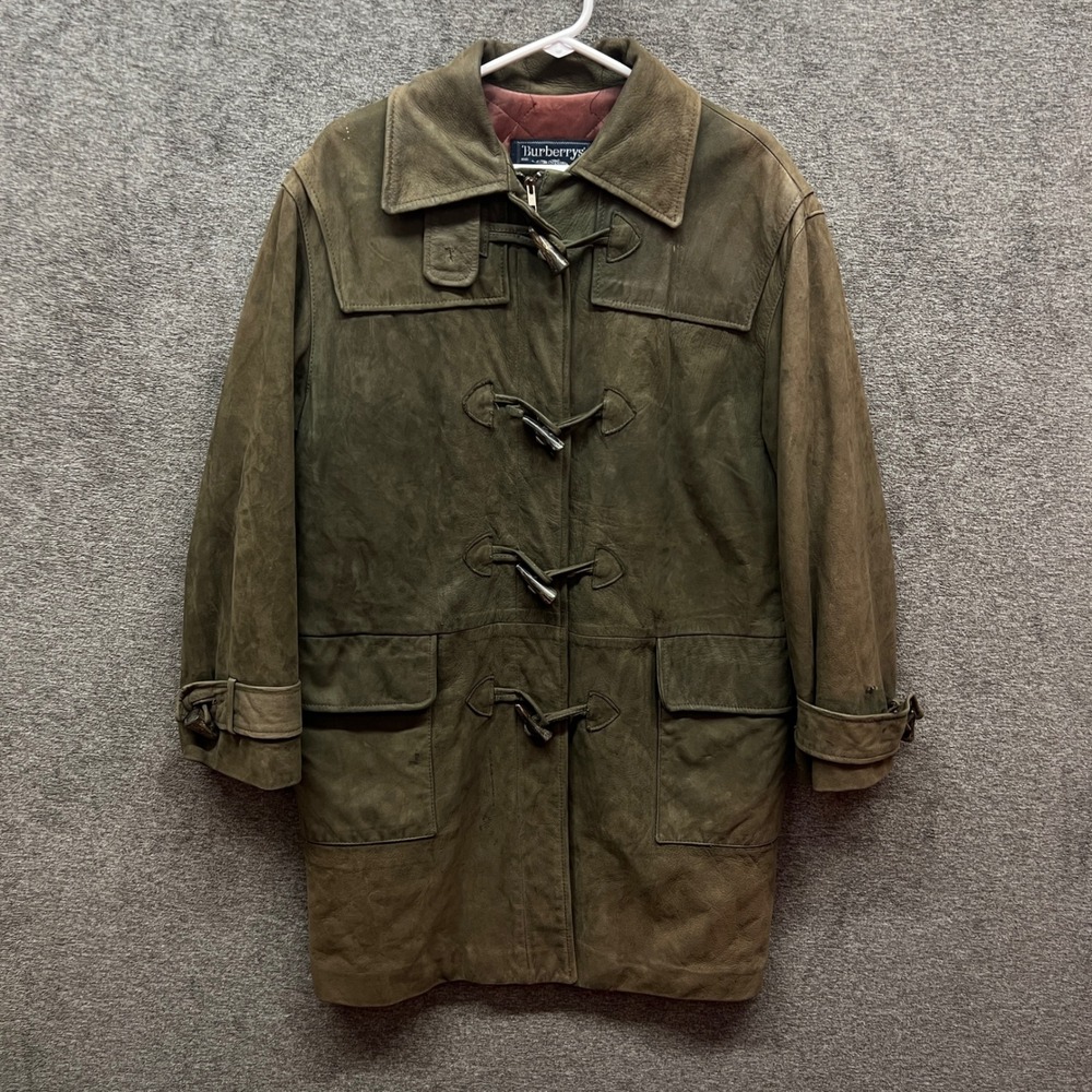 Vintage Burberry‎ Suede Leather Duffle Toggle Coat Olive Green Jacket Womens